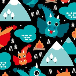 Cute baby dragon fantasy woodland for boys blue orange mountains illustration print