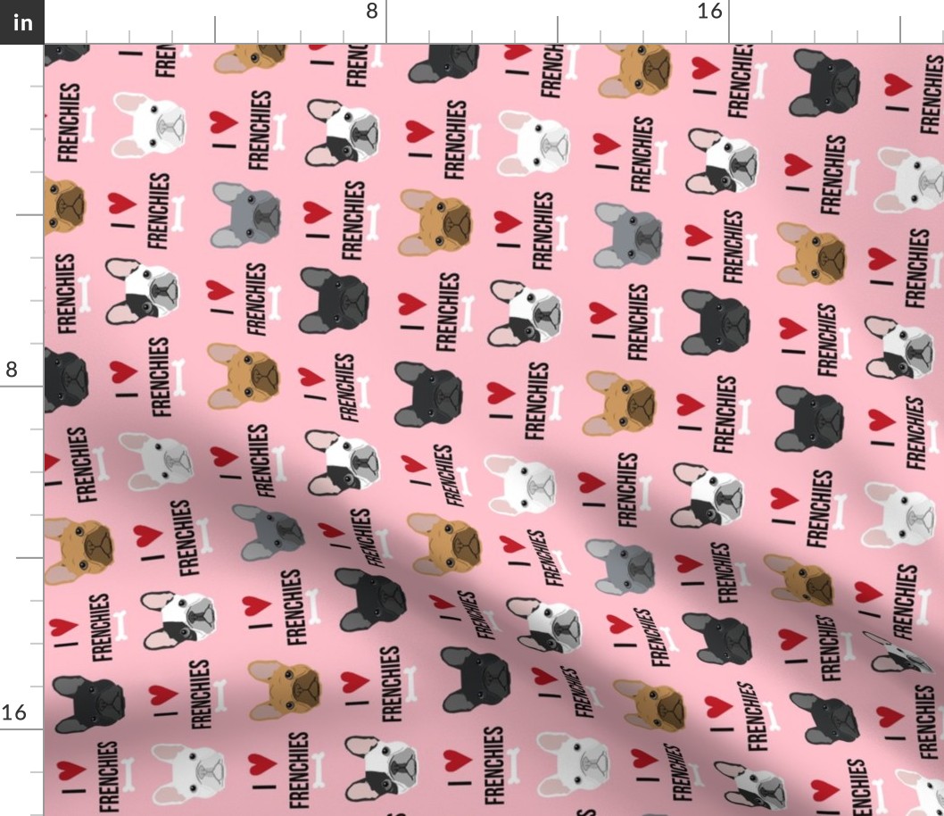 frenchie dog fabric - i love french bulldogs fabric - frenchie face - pink