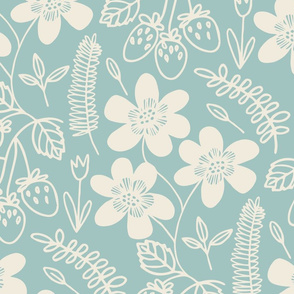 Flowers and berries - cream on light blue