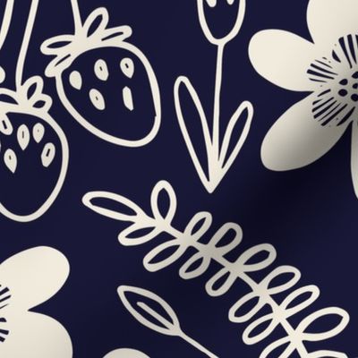 Flowers and berries - cream on navy