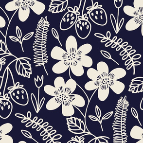 Flowers and berries - cream on navy