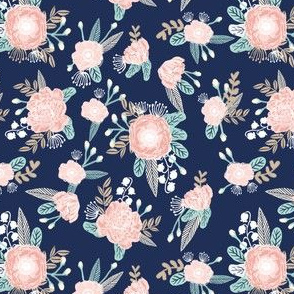 SMALL florals - navy blue, blush pink, taupe fabric
