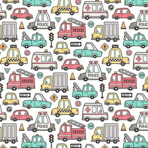 Cars Vehicles Doodle fabric on White Smaller 1,5 inch