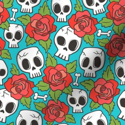 Skulls and Roses Red on Blue Smaller