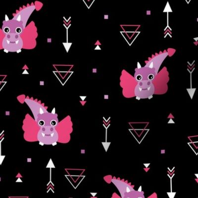 Little baby dragon and geometric arrows and triangles abstract details night pink purple
