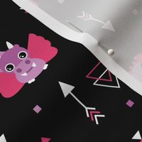 Little baby dragon and geometric arrows and triangles abstract details night pink purple