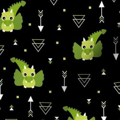 Little baby dragon and geometric arrows and triangles abstract details night green