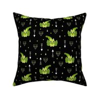 Little baby dragon and geometric arrows and triangles abstract details night green