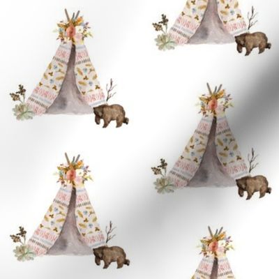 4" Autumn Love Teepee and Bear - White