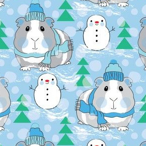guinea pigs snowmen and trees on blue