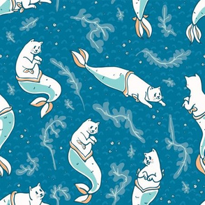 Aqua Blue Magical Cat Mermaid Swimming Pattern