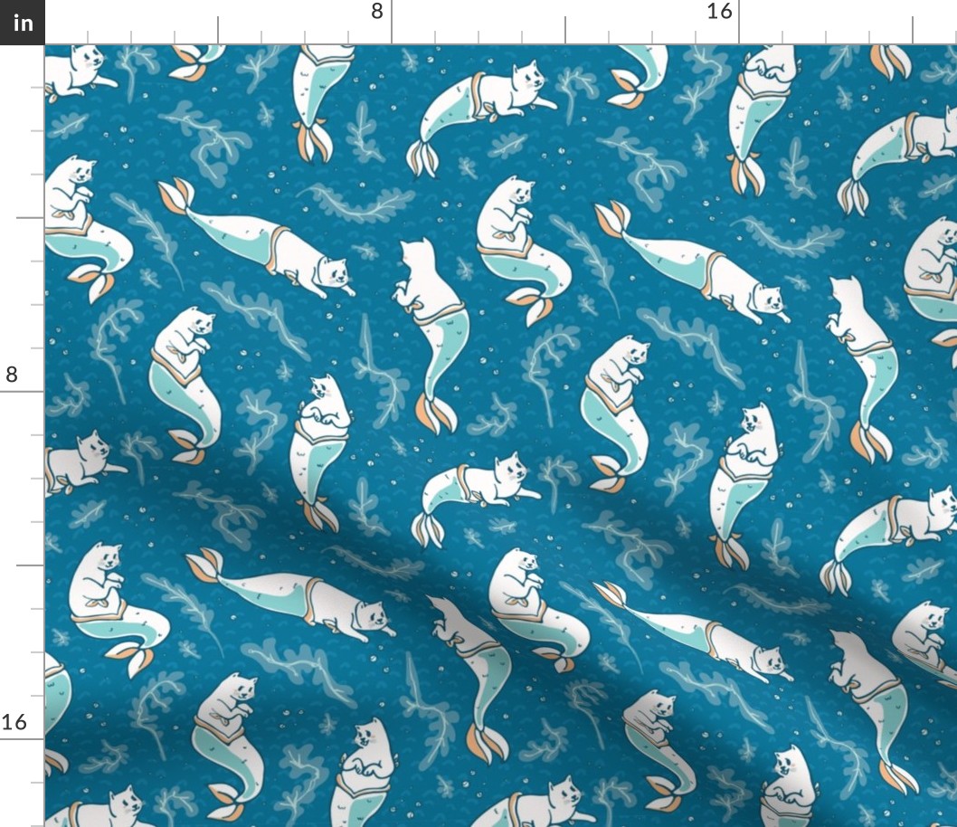 Aqua Blue Magical Cat Mermaid Swimming Pattern