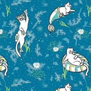 Ocean Aqua Magical Purrmaid Diving Cats Cartoon