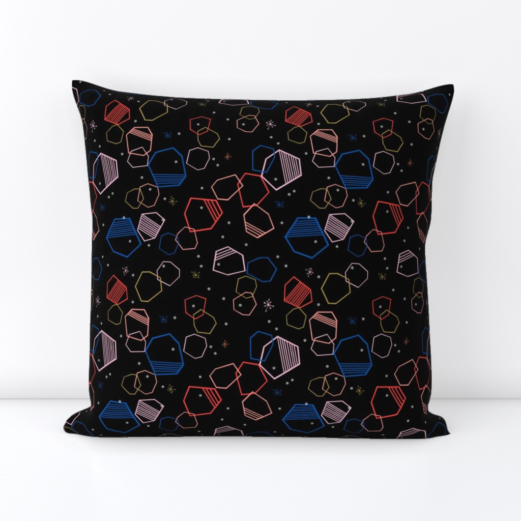 cosmic hexagons // bright, colorful, geometric, shapes, abstract, random, hexagon, cute fabric -  black