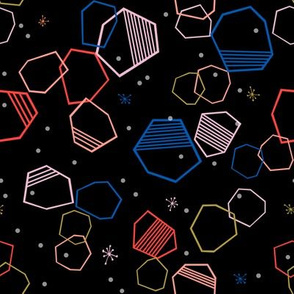 cosmic hexagons // bright, colorful, geometric, shapes, abstract, random, hexagon, cute fabric -  black