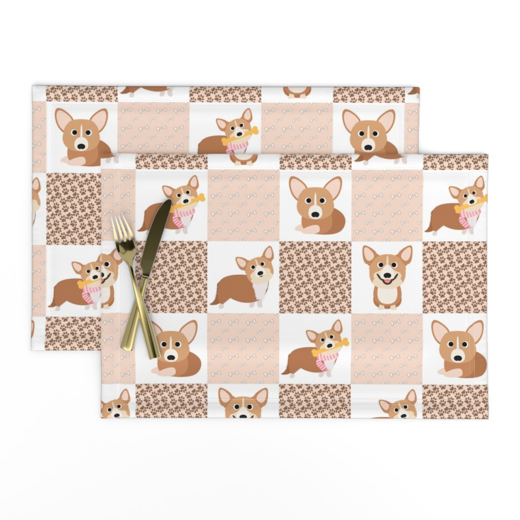 14" corgi dog cheater quilt - cheater fabric, dog quilt, corgi fabric, dog, girls dog quilt, pet design - peach