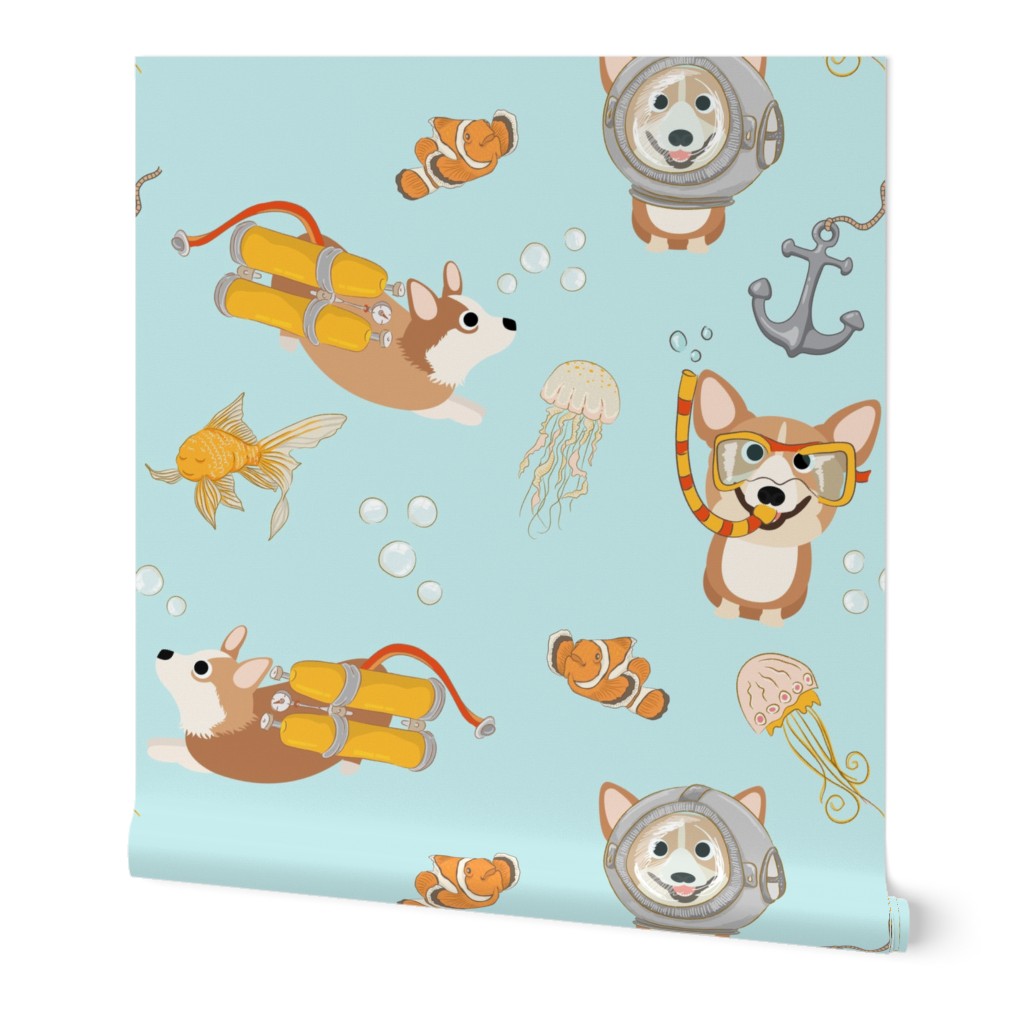 8" Diving Corgis - Corgi in the sea -  blue