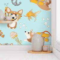 8" Diving Corgis - Corgi in the sea -  blue