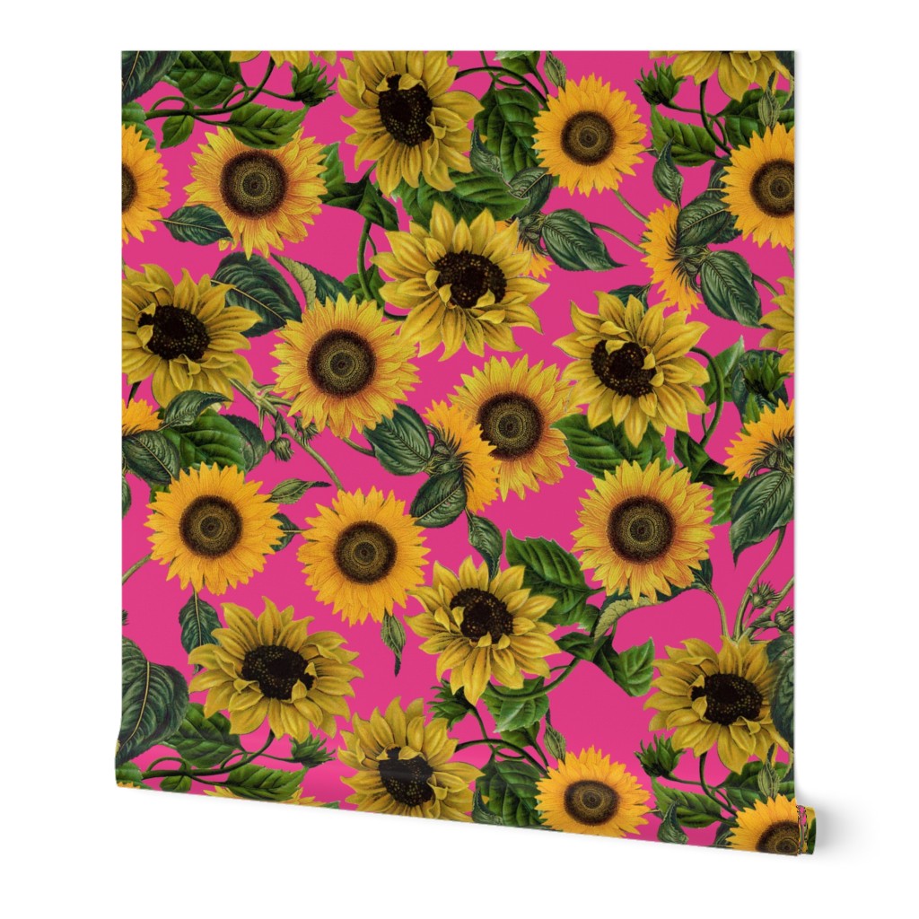 18" Vintage Sunflowers on pink,  sunflower fabric, sunflowers fabric 