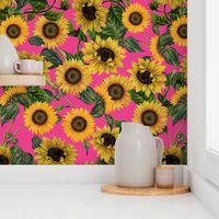 18" Vintage Sunflowers on pink,  sunflower fabric, sunflowers fabric 