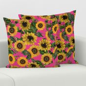 18" Vintage Sunflowers on pink,  sunflower fabric, sunflowers fabric 