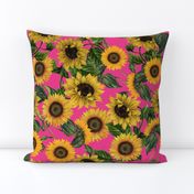 18" Vintage Sunflowers on pink,  sunflower fabric, sunflowers fabric 