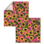 18" Vintage Sunflowers on pink,  sunflower fabric, sunflowers fabric 