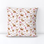 9'" Corgi in spring florals fabric, cherry blossom sakura in asia, white