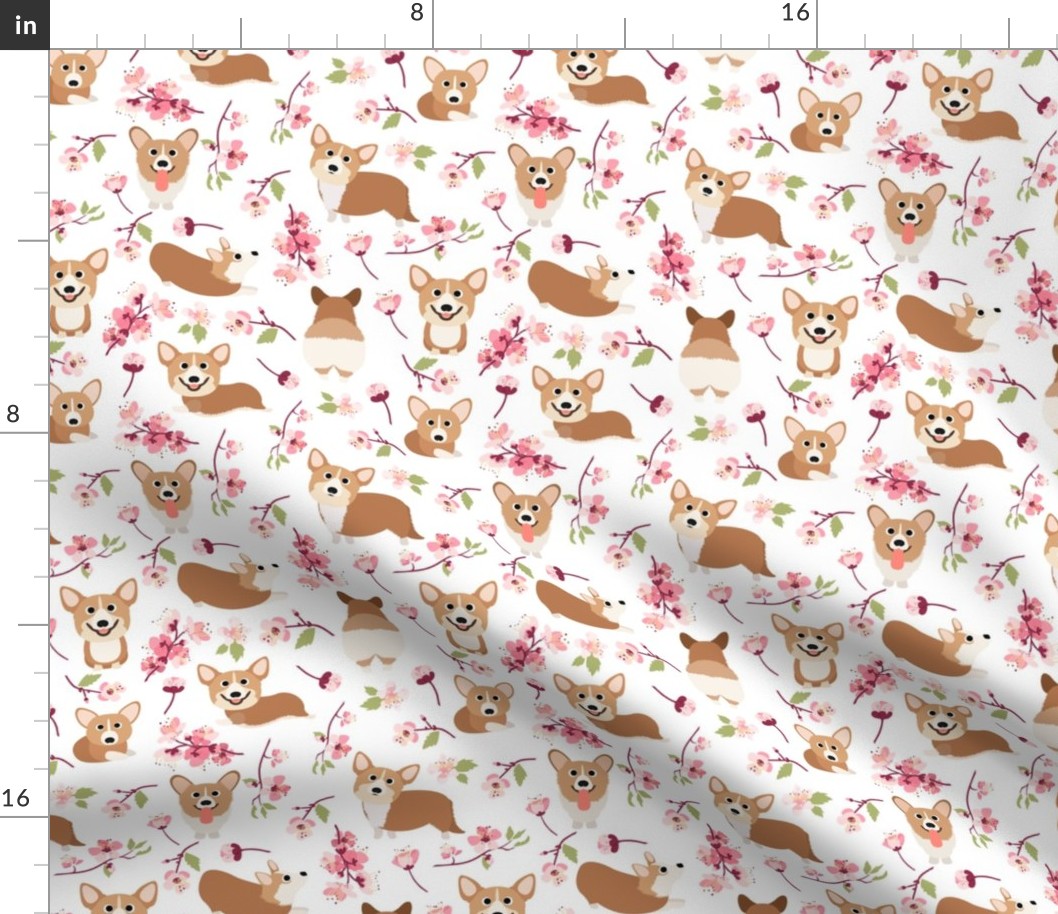 9'" Corgi in spring florals fabric, cherry blossom sakura in asia, white