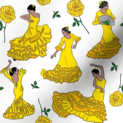 flamenco dancers yellow on white 8x8
