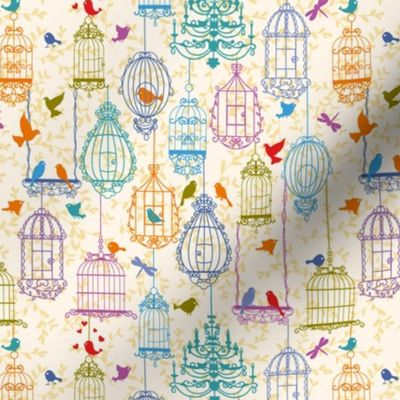 Birds and cages vintage pattern warm colors