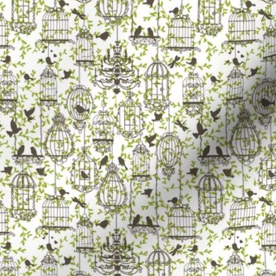 Birds and cages vintage pattern brown-green