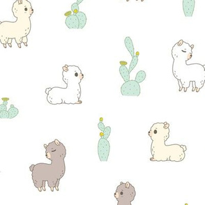 cactus and alpaca pattern in white