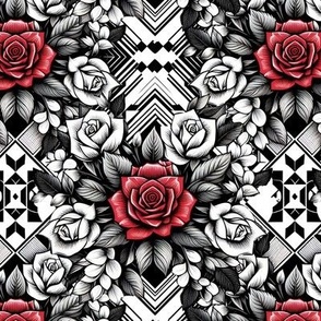 Red and White Roses on Black and White Geometric No 1