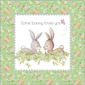 18” Some Bunny Loves You Pillow Front with dotted cutting lines, Nursery Bedding, basil // Love Some Bunny collection