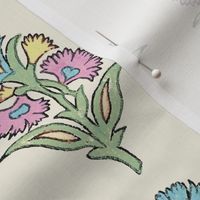 Indian Flower Stamp / Pastel Blue, Yellow, Pink, Green