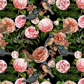 Nostalgic Enchanting Peach Pierre-Joseph Redouté Roses, Birds Animals Kingfishers Antique Flowers Bouquets, vintage home decor,  English Roses Fabric