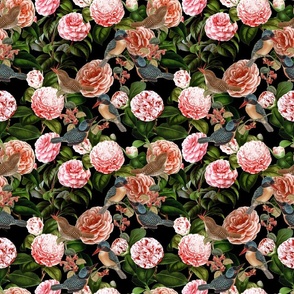 Nostalgic Enchanting Peach Pierre-Joseph Redouté Roses, Birds Animals Kingfishers Antique Flowers Bouquets, vintage home decor,  English Roses Fabric