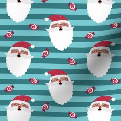 Jolly Santa w/ Christmas Candy – Teal & Blue Stripes – Kids Xmas Fabric