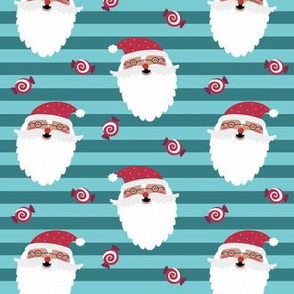 Jolly Santa w/ Christmas Candy – Teal & Blue Stripes – Kids Xmas Fabric