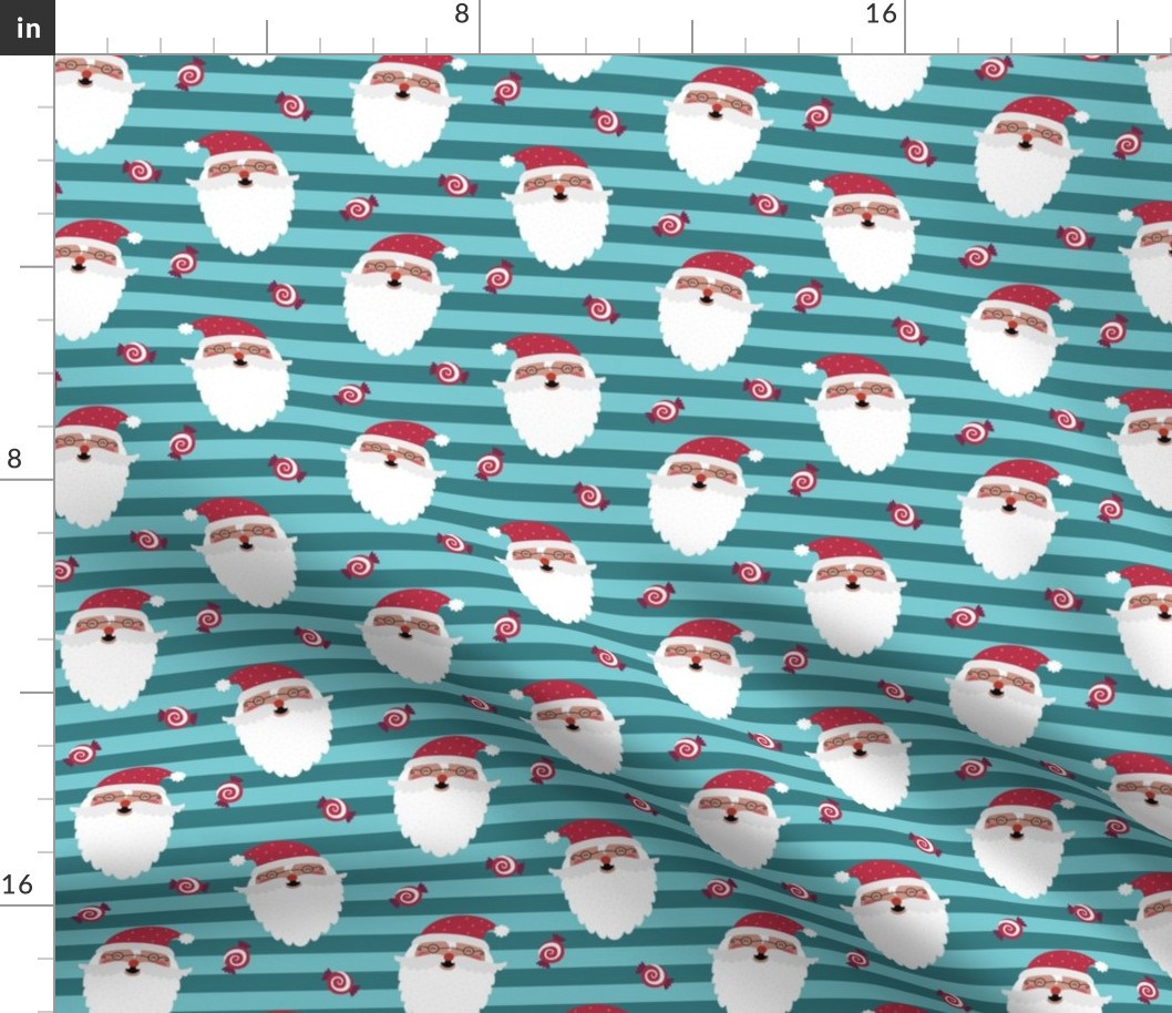 Jolly Santa w/ Christmas Candy – Teal & Blue Stripes – Kids Xmas Fabric