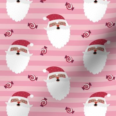 Jolly Santa w/ Christmas Candy – Pink Stripes – Kids Xmas Fabric