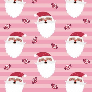 Jolly Santa w/ Christmas Candy – Pink Stripes – Kids Xmas Fabric