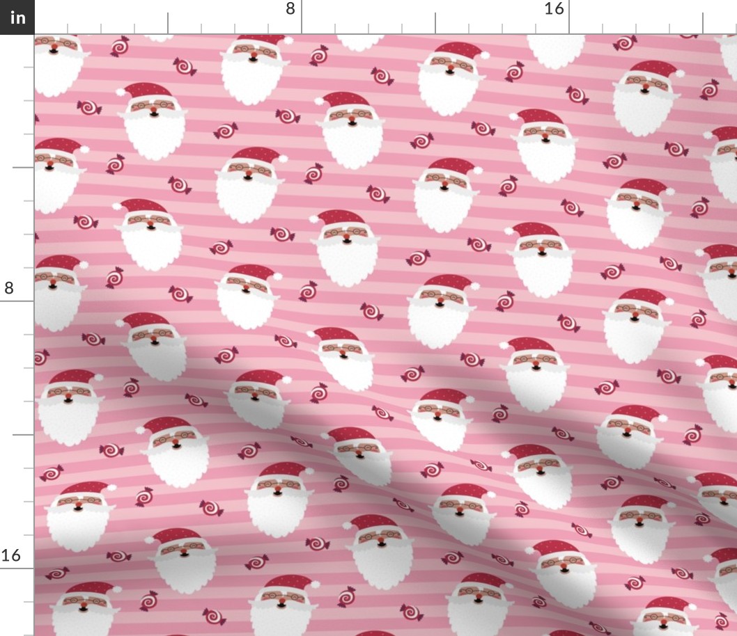 Jolly Santa w/ Christmas Candy – Pink Stripes – Kids Xmas Fabric