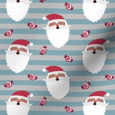 Jolly Santa w/ Christmas Candy – Gray + Blue Pond Stripes – Kids Xmas Fabric Ginger Lous