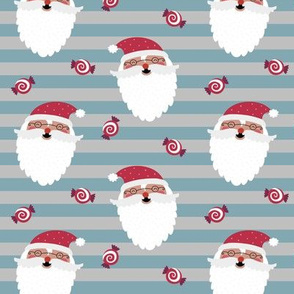 Jolly Santa w/ Christmas Candy – Gray + Blue Pond Stripes – Kids Xmas Fabric Ginger Lous