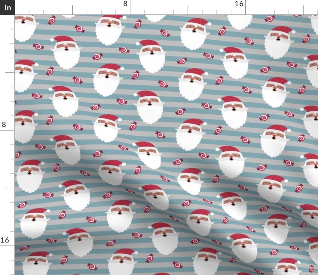 Jolly Santa w/ Christmas Candy – Gray + Blue Pond Stripes – Kids Xmas Fabric Ginger Lous