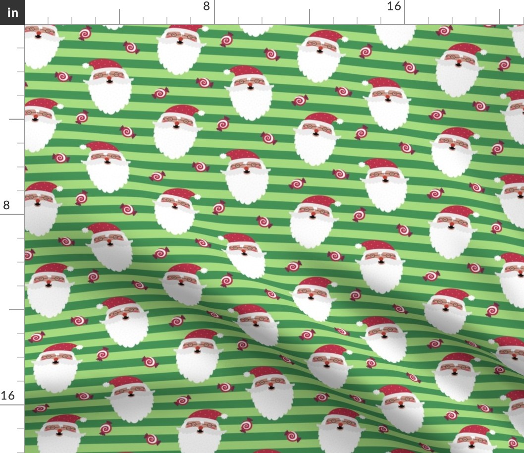 Jolly Santa w/ Christmas Candy – Kelly + Bright Green Stripes – Kids Xmas Fabric Ginger