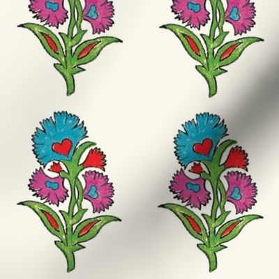 Indian Flower Stamp / Turquoise, Fuchsia, Red, Green