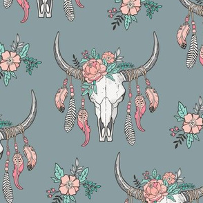 Boho Longhorn Cow Skull with Feathers and Flowers Peach on Slate Grey